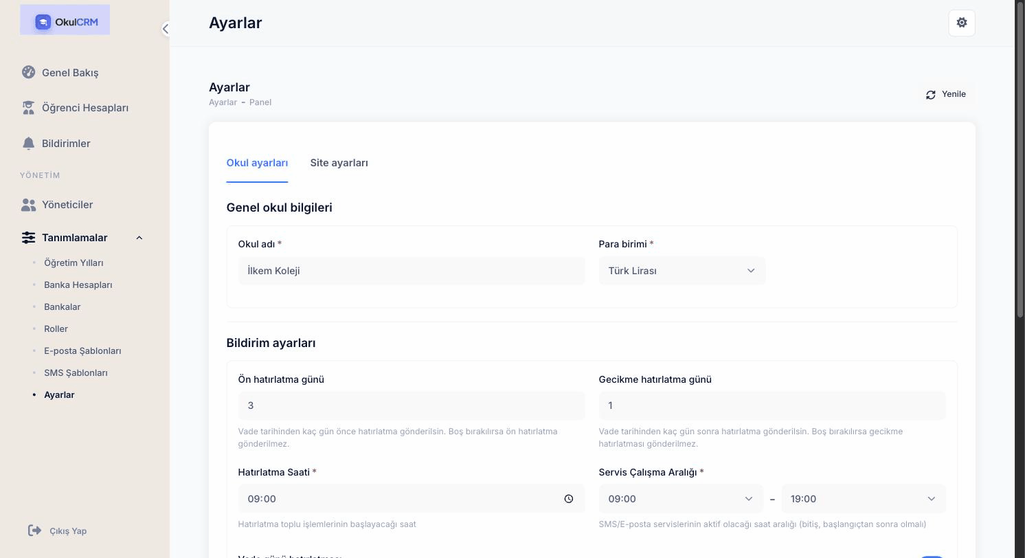 OkulCRM360 ayarlar ve gecikme farkı modülü